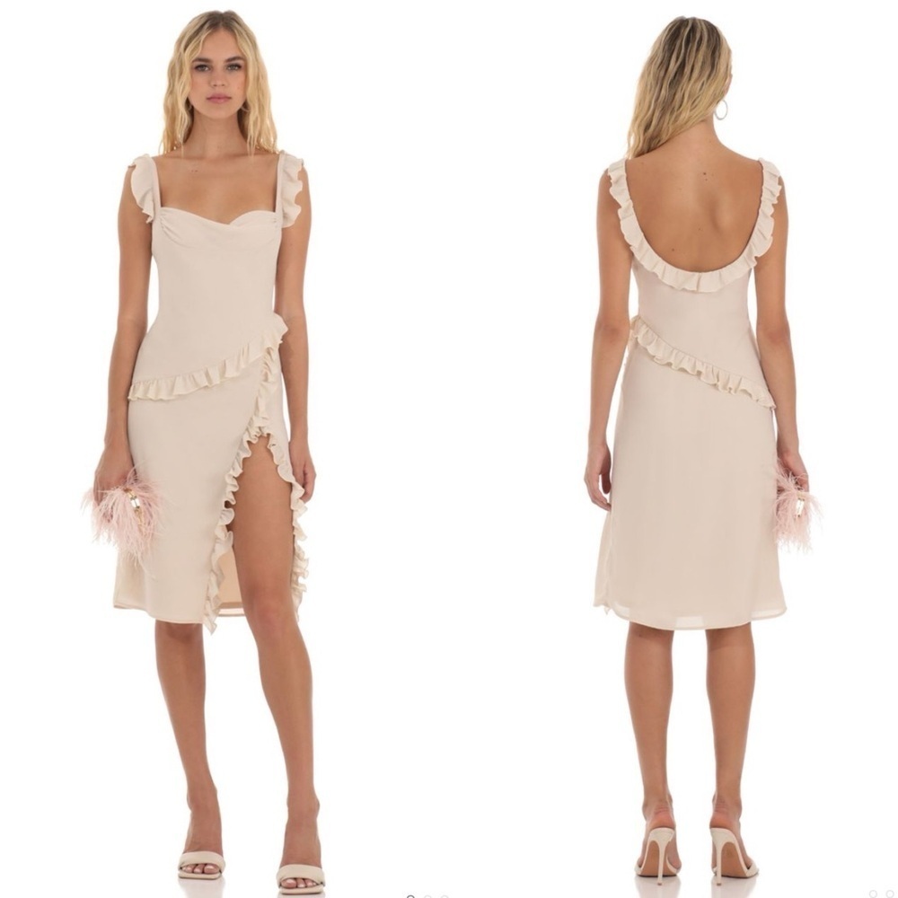 Lucy in the Sky Soft Blush Ruffle Wrap Midi Dress